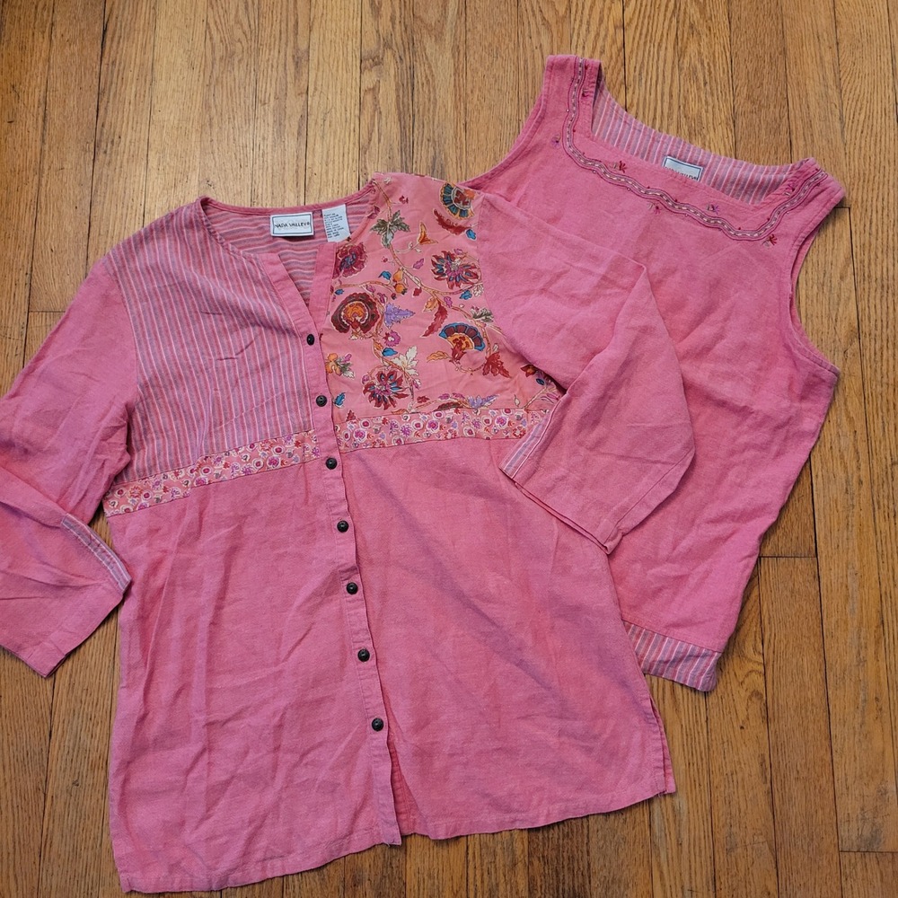 Napa‎ Valley S/M 2pc Blouse Tank Pink Linen Floral Embroidered Summer Lagenlook